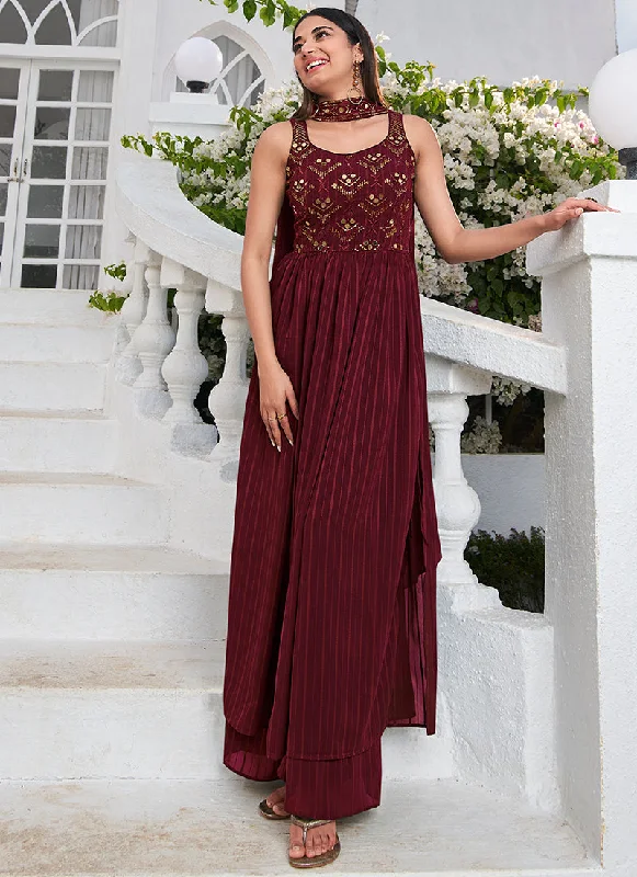 Maroon Zari And Sequence Embroidery High Slit Anarkali Suit