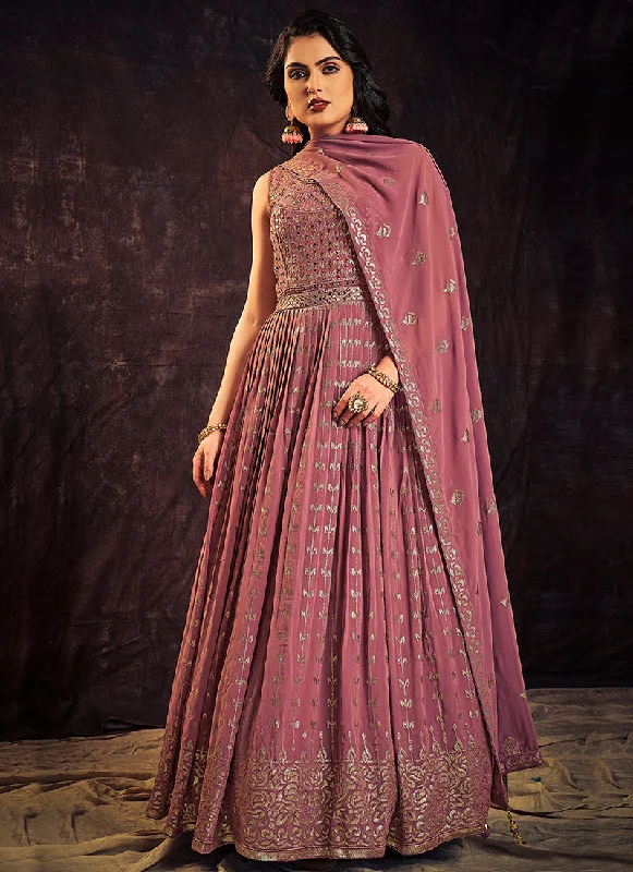 Mauve Purple Sequence And Mirror Work Embroidery Anarkali Gown