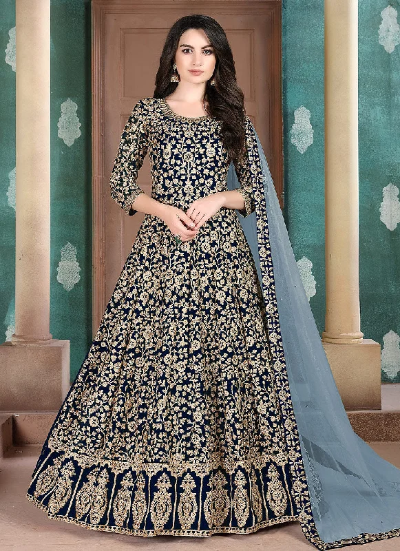 Navy Blue  Embroidered Anarkali Suit