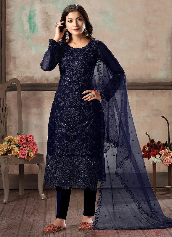 Navy Blue Embroidered Pant Style Suit