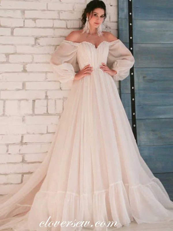 Off The Shoulder Long Puffy Sleeves Tulle A-ine Wedding Dresses,CW0116