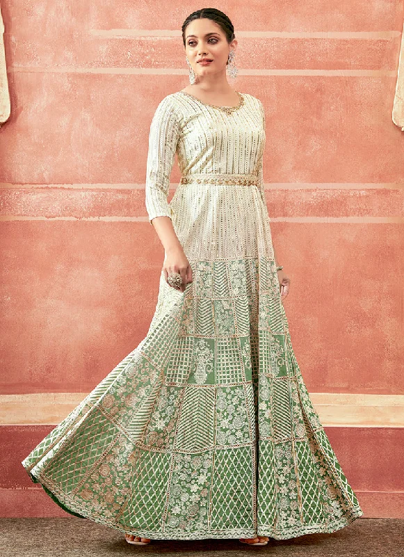 Off White And Green Designer Embroidery Anarkali Suit