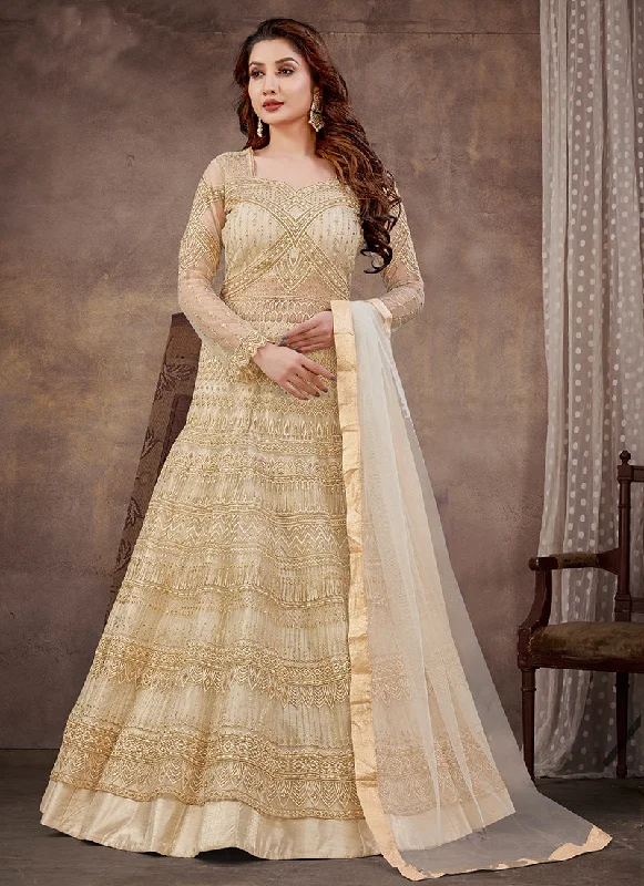 Off White Embroidery Wedding Anarkali Lehenga