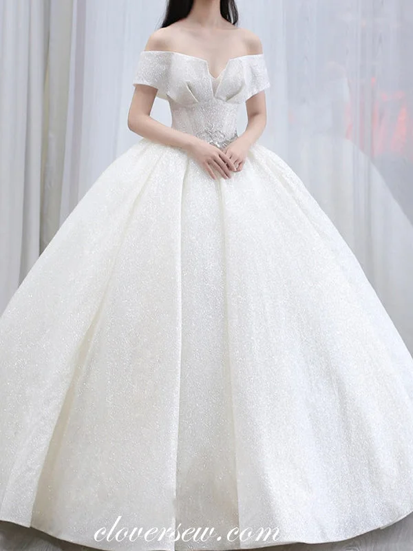 Off White Sequin Tulle Off The Shoulder Ball Gown Fashion Wedding Dresses, CW0074