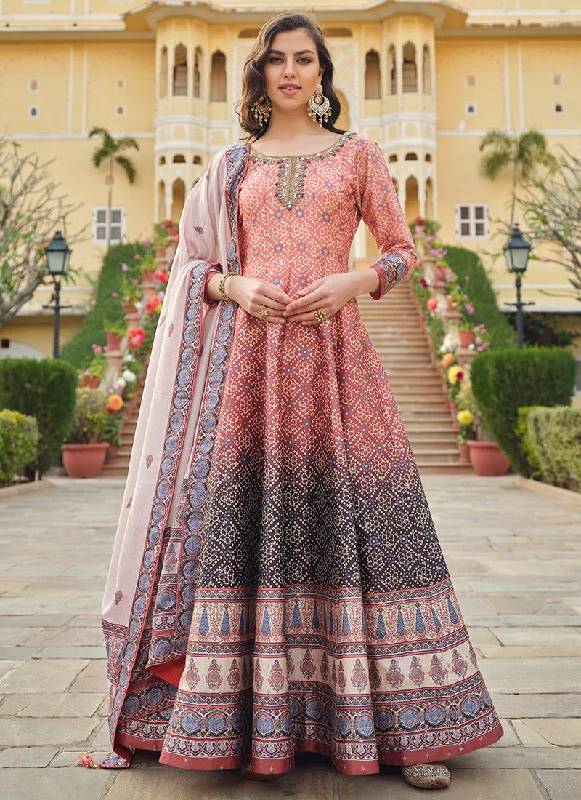 Peach Grey Ombré Khatli Embroidered Traditional Anarkali Gown