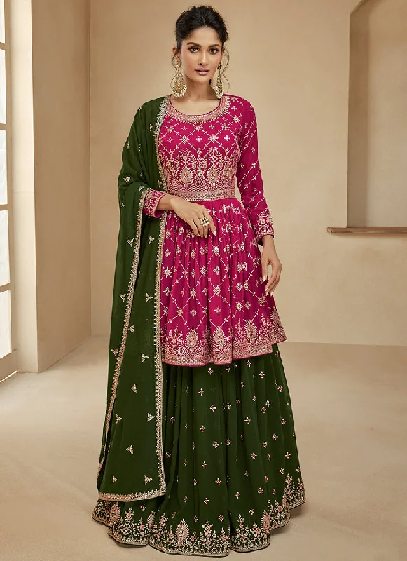 Pink And Green Embroidery Wedding Anarkali Lehenga