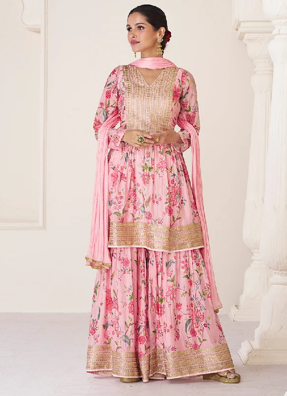 Pink Organza Silk Embroidery Floral Gharara Suit