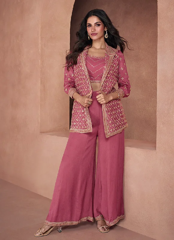 Pink Sequence Embroidery Jacket Style Pant Suit