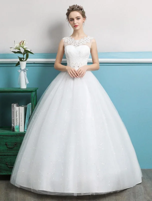 Princess Ball Gown Wedding Dresses Tulle Backless Ivory Beading Floor Length Bridal Dress