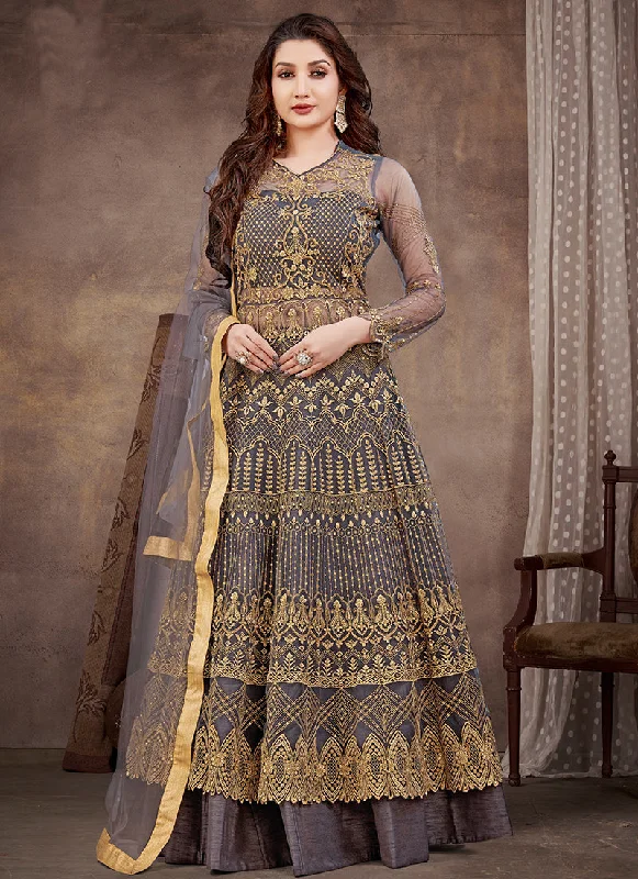 Purple Embroidery Wedding Anarkali Lehenga