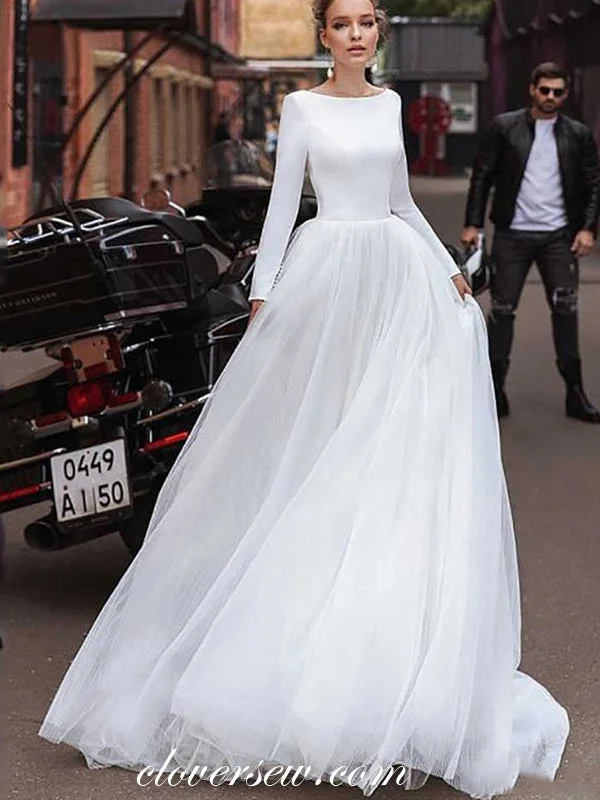 Satin Tulle Long Sleeves V-back A-line Wedding Dresses  ,CW0111