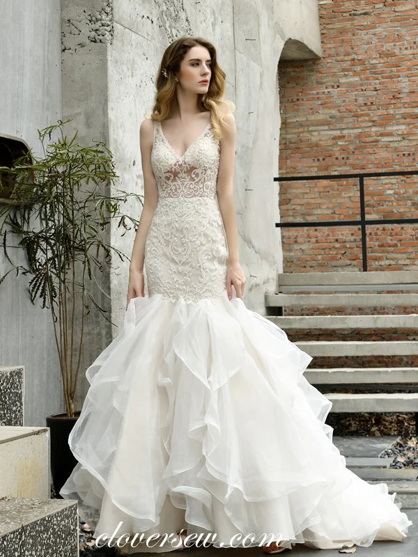 See Through Ivory Lace V-neck Ruffles Mermaid Wedding Dresses, CW0078