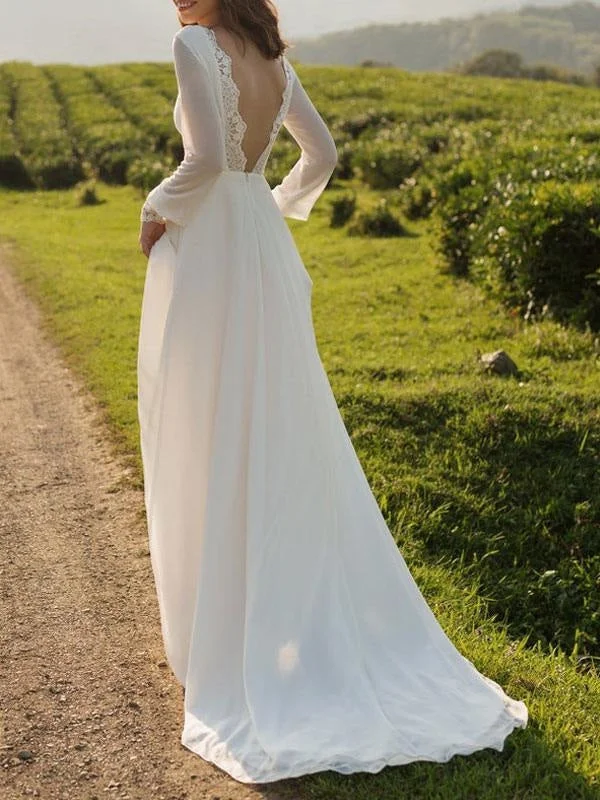 Simple Wedding Dress Lycra Spandex Bateau Neck Long Sleeves Lace A Line Bridal Gowns