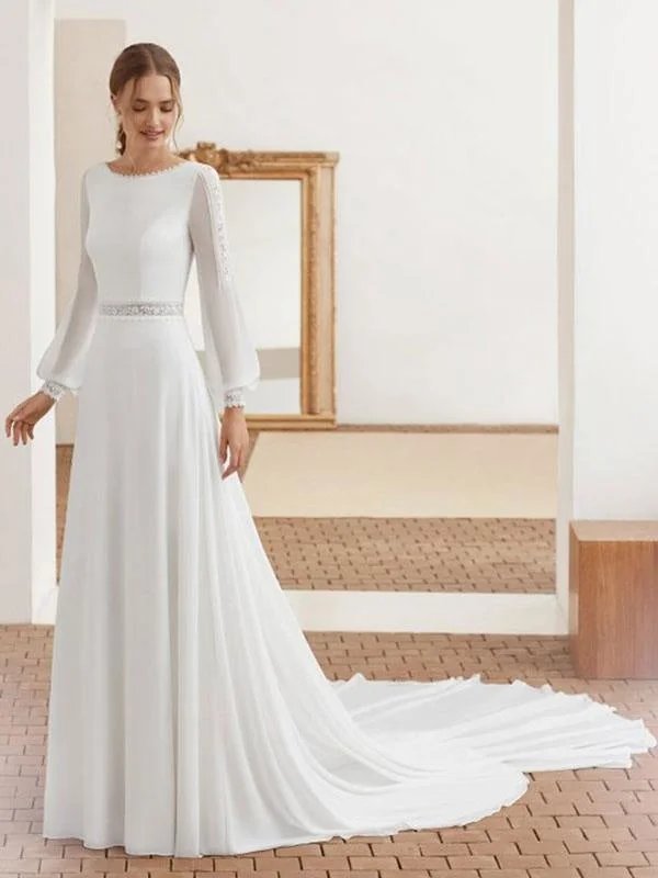 Simple Wedding Dress With Train Chiffon Halter Long Sleeves Lace A Line Bridal Dresses