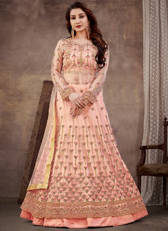 Soft Peach Multi Embroidery Wedding Anarkali Lehenga