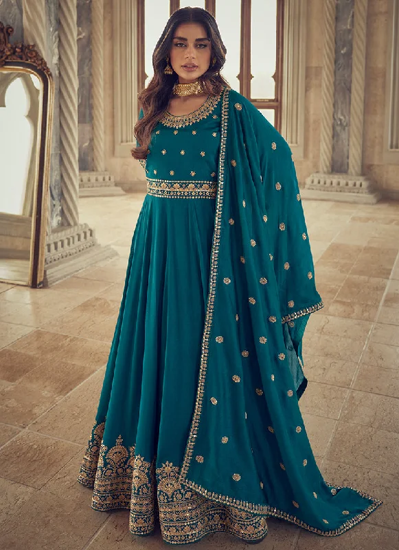 Teal Blue Embroidered Designer Anarkali Suit