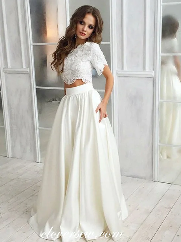 Two Piece Lace Short Sleeves Ivory Satin A-line Wedding Dresses,CW0133