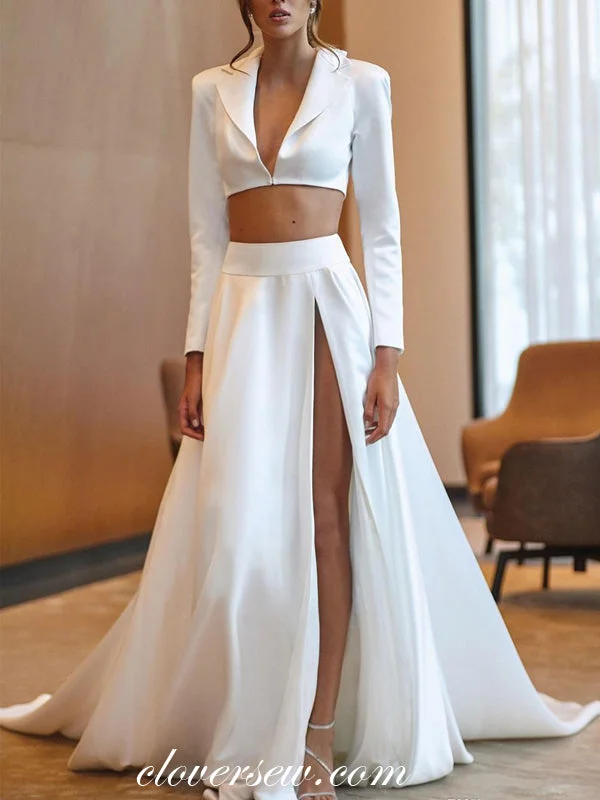 Two Piece Satin Long Sleeves A-line Wedding Dresses ,CW0087