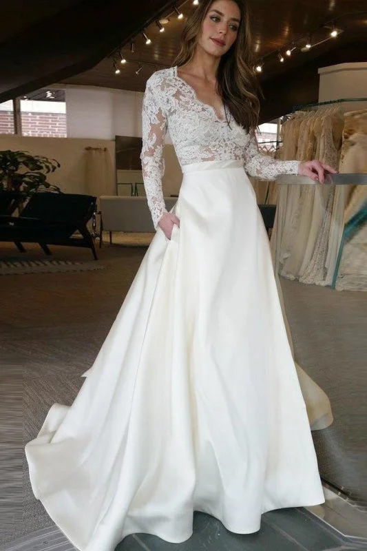 V Neck Long Sleeves Ruffles Wedding Dresses