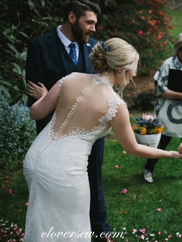 Vintage Ivory Lace Illusion Open Back Column Wedding Dresses, CW0026