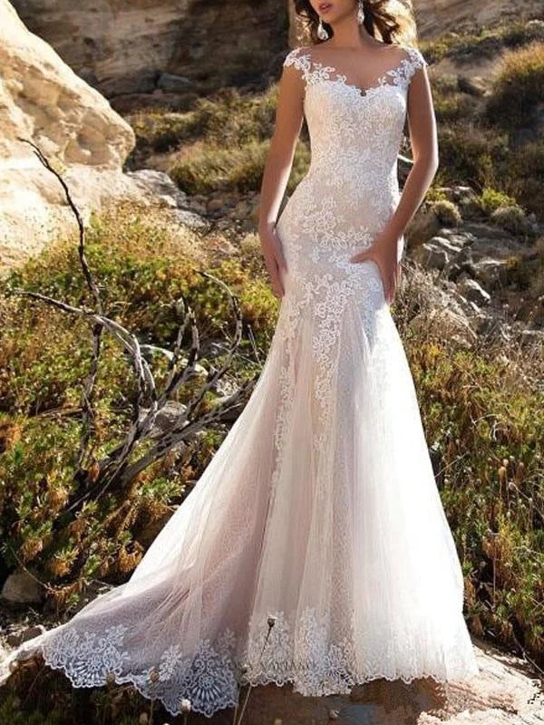 Wedding Dress 2021 V Neck Mermaid Sleeveless Lace Embellishment Classic Bridal Gowns With Train