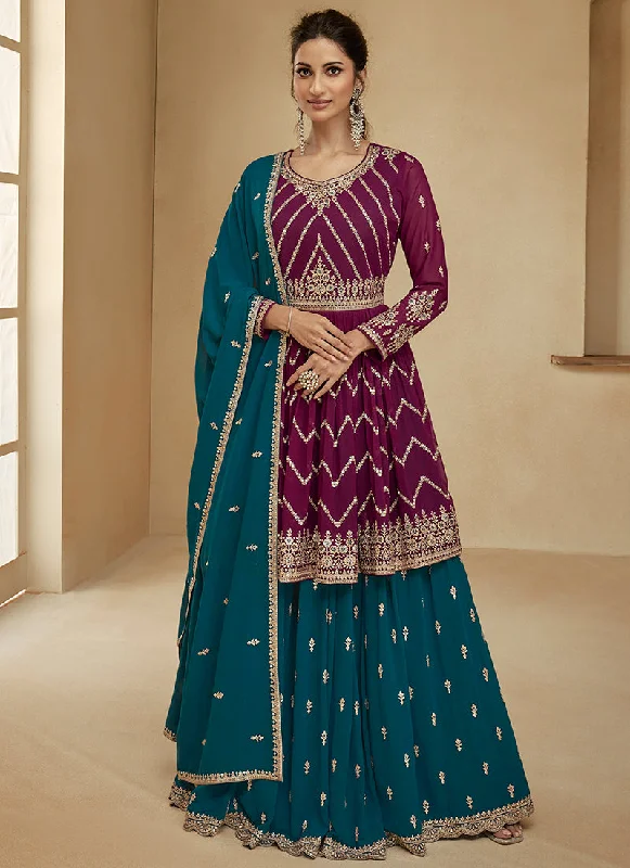 Wine And Turquoise Embroidery Wedding Anarkali Lehenga