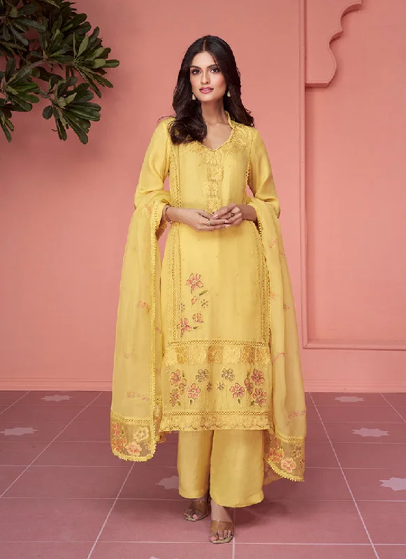 Yellow Multi Floral Embroidery Pakistani Pant Style Suit