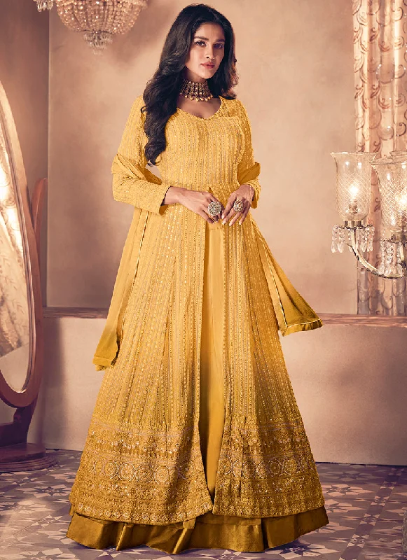 Yellow Traditional Sequence Embroidered Wedding Anarkali Lehenga