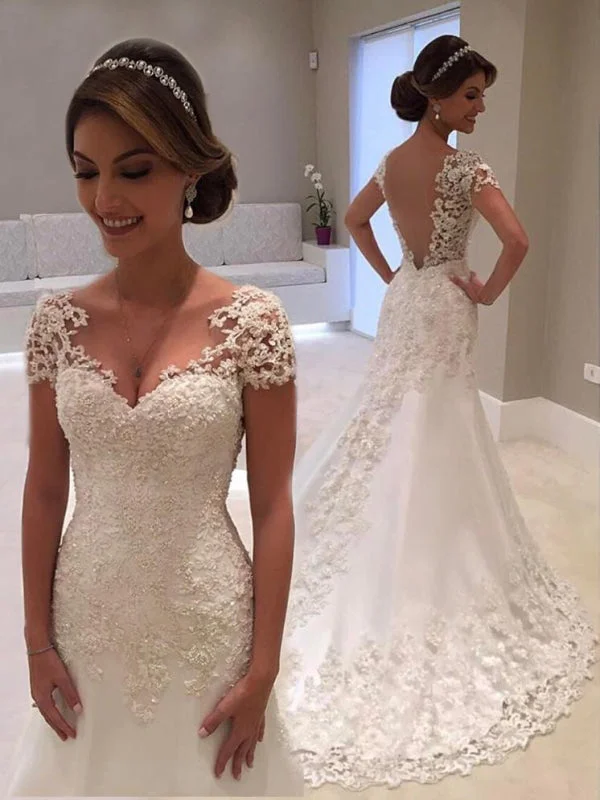 Affordable V-Neck Short Sleeves Lace Mermaid Wedding Dresses