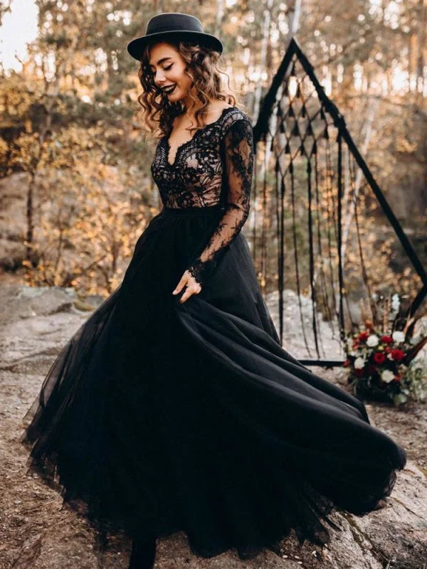 Black Wedding Dresses A-Line Designed Neckline Long Sleeves Natural Waistline Tulle Lace Sweep Bridal Gown