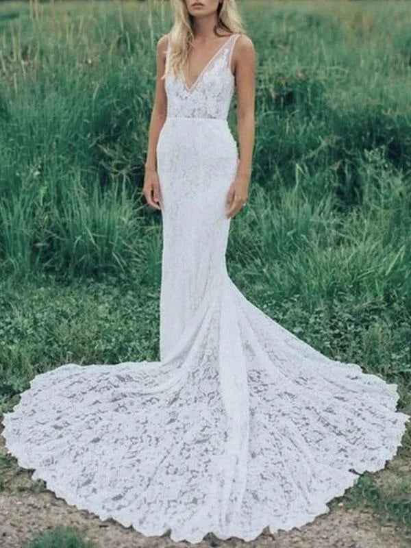 Boho Wedding Dresses Mermaid V Neck Sleeveless Lace Beach Bridal Dress With Train