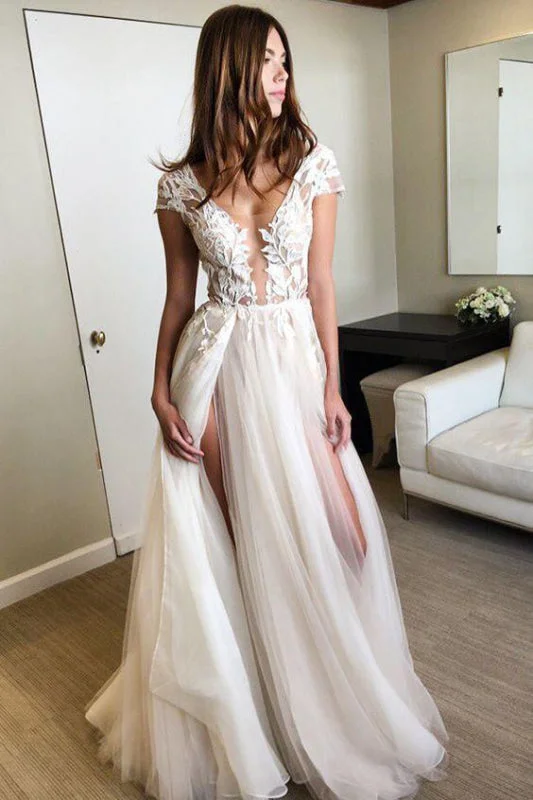 Cap Sleeve Deep V-neck With Appliques Sexy Split Tulle Wedding Dress