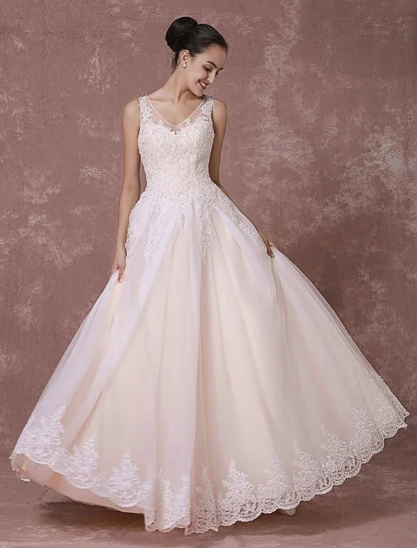 Champagne Lace Wedding Dress Backless Bridal Gown Floor-Length A-Line Beading Luxury Bridal Dress