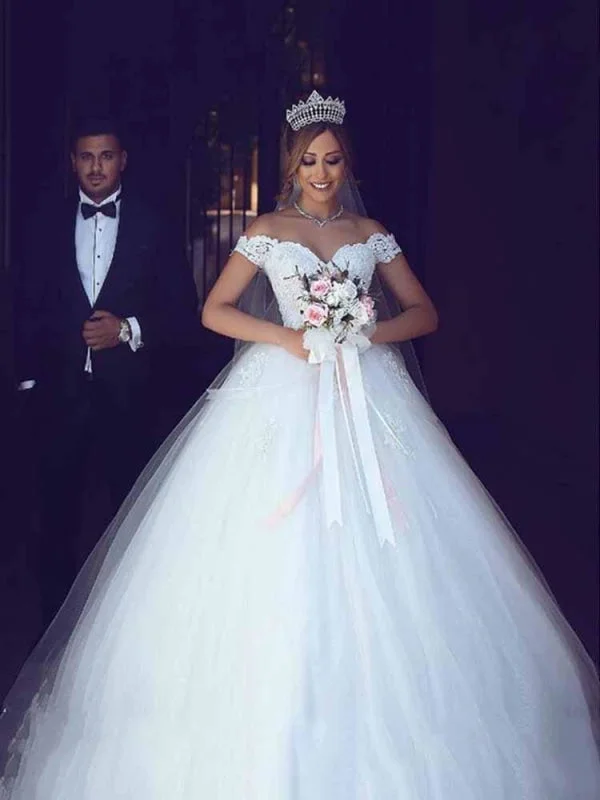 Amazing Off-the- Shoulder Lace Ball Gown Tulle Wedding Dresses