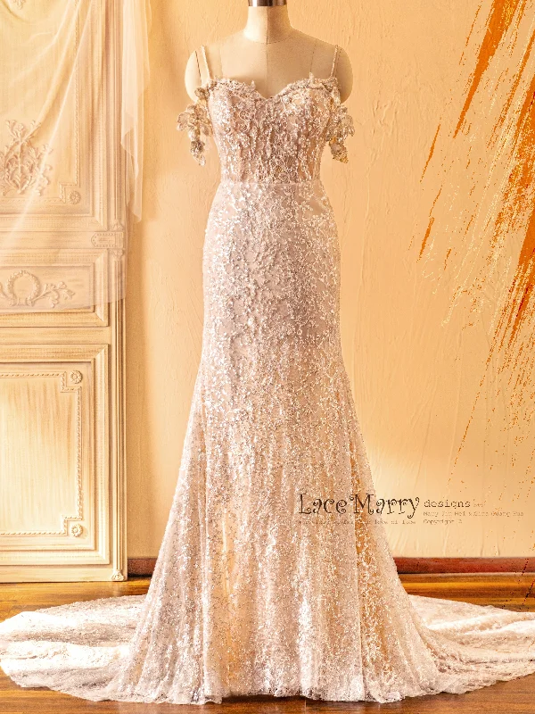 DANICA / Gorgeous Sequin Wedding Dress with Off the Shoulder Floral Straps