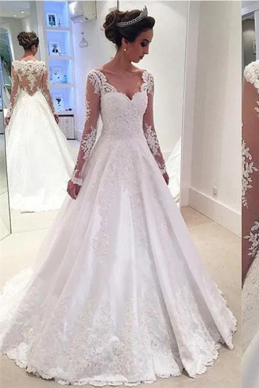 Elegant A-line V Neck Long Sleeves Wedding Dress