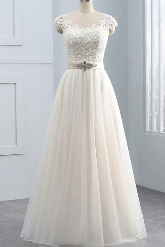 Elegant Cap Sleeve Lace Tulle A-line Wedding Dress