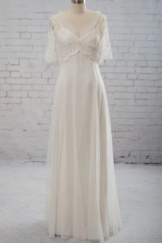 Empire Waist V-neck Tulle A-line Wedding Dress