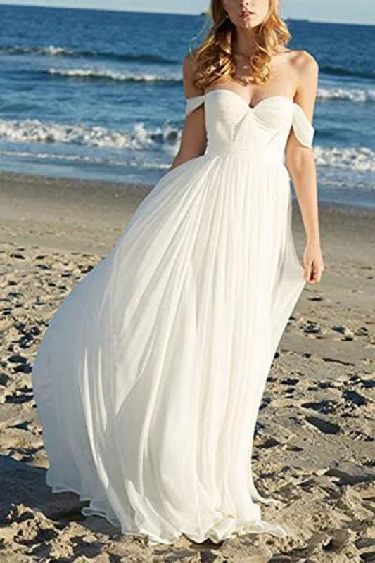 Flowy Off the Shoulder Chiffon Beach Simple Long Pleated Wedding Dress