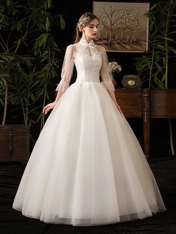 Gorgeous High Collar 3/4 Sleeve Lace-Up Ball Gown Wedding Dresses