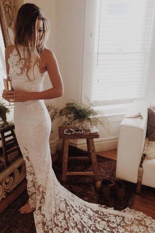 Awesome Lace Open Back Beach Mermaid Wedding Dress