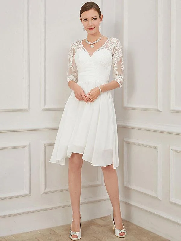 Ivory Short Wedding Dress Knee Length V Neck Half Sleeves A Line Natural Waist Chiffon Bridal Dresses