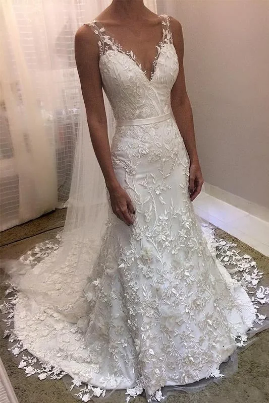 Ivory V Neck Sheath Sleeveless Backless Charming Lace Wedding Dress