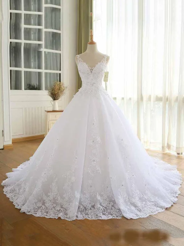 Modest V-Neck Lace-Up Wedding Dresses