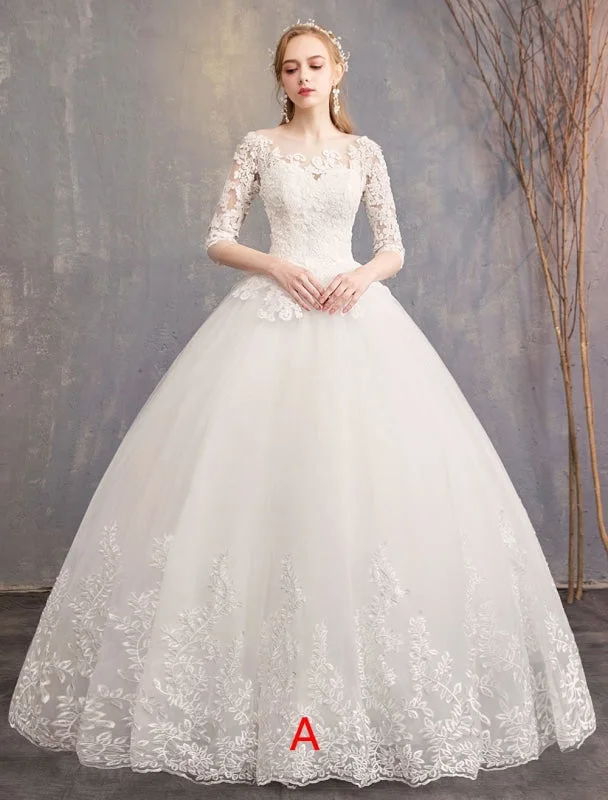 Princess Wedding Dresses Lace Illusion Neckline Half Sleeve Floor Length Bridal Gown