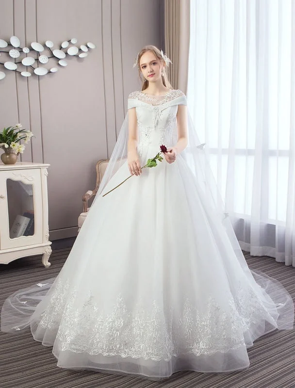 Princess Wedding Dresses Lace Watteau Train Applique Beaded Ivory Bridal Gowns