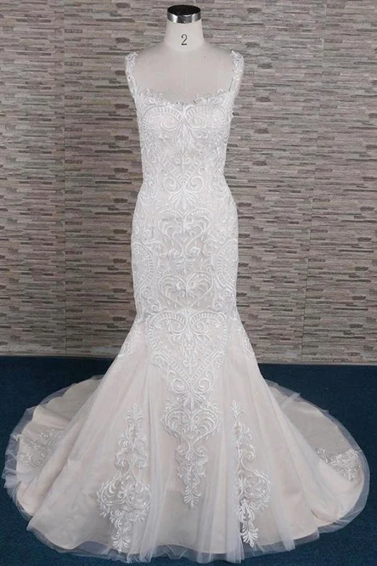 Sleek Square Neck Appliques Mermaid Wedding Dress