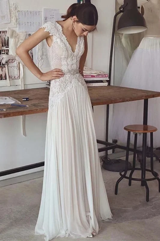 Unique V Neck Cap Sleeves Chiffon Beach Wedding Dress