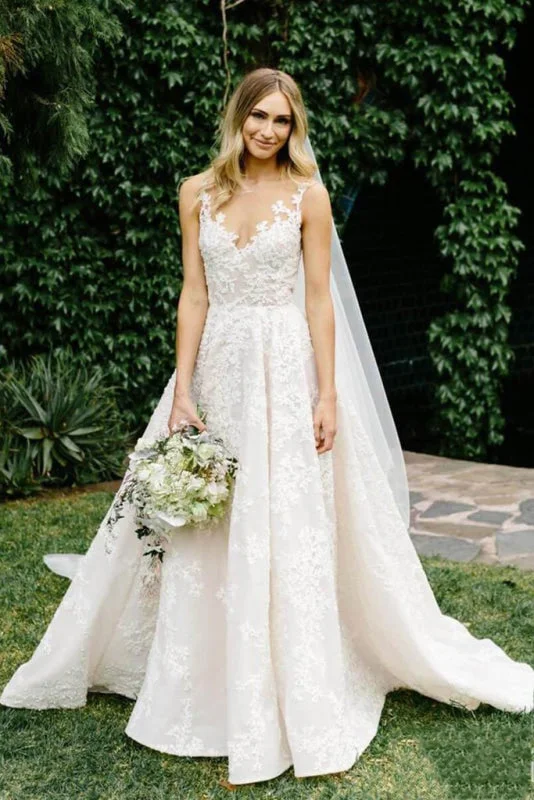 Vintage Appliques Lace Gowns Sleeveless Wedding Dress