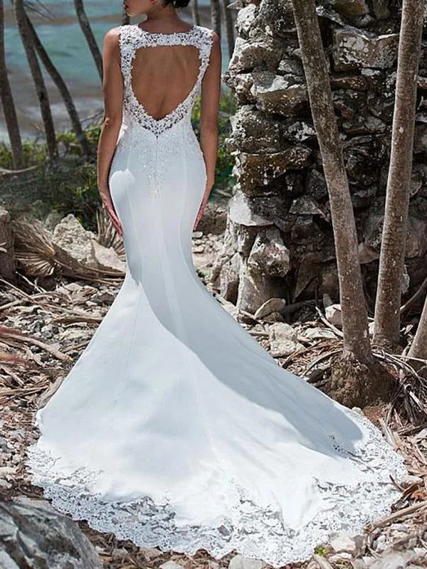 Wedding Dress 2021 Mermaid Lace Jewel Neck Sleeveless Back Hollow Out Bridal Gowns With Train